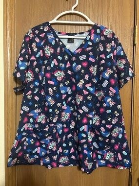 koi Tokidoki Check Up Women's 2-Pocket STRETCH V-Neck Print Scrub Top